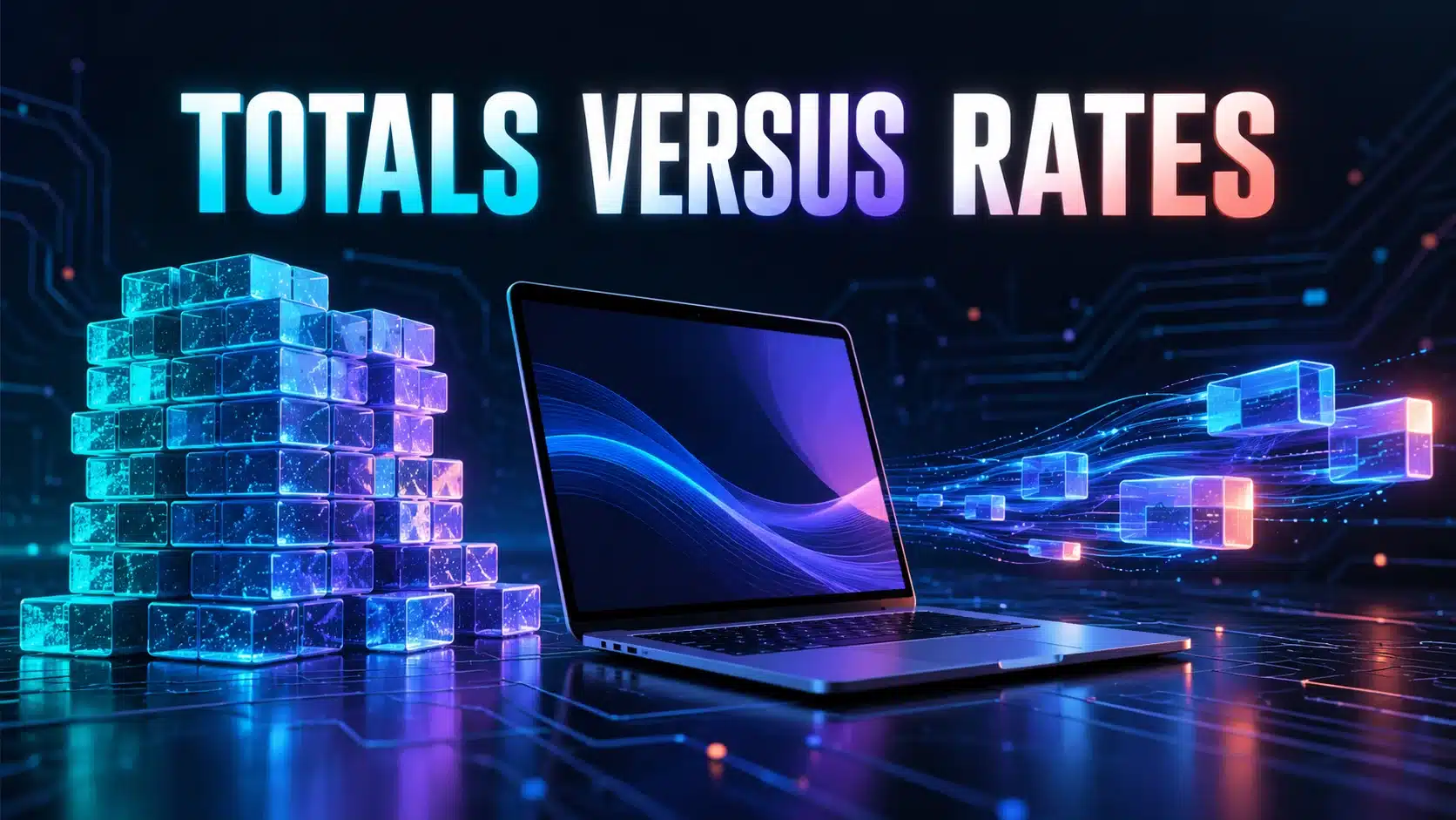 Laptop with accumulated data blocks and a flowing stream illustrating data totals versus transfer rates.