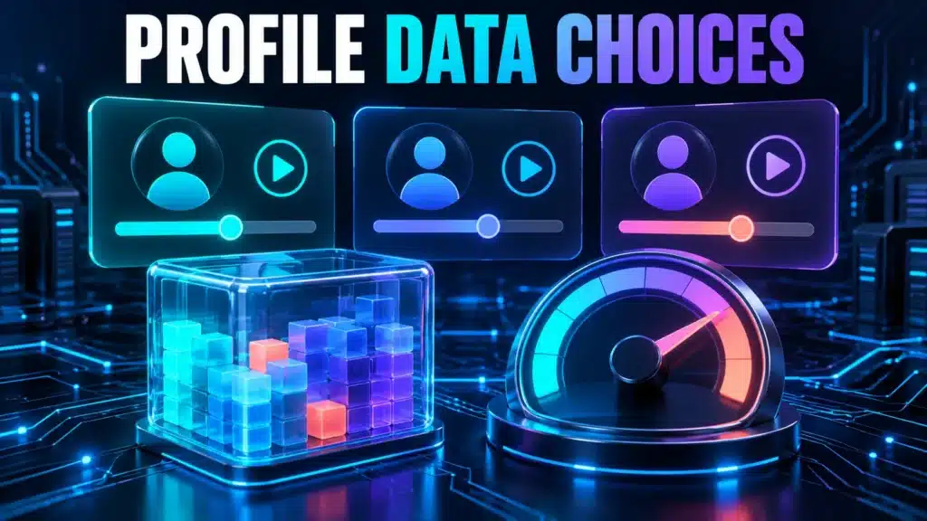 Viewer profiles with individual playback controls beside separate data-volume and connection-rate symbols.
