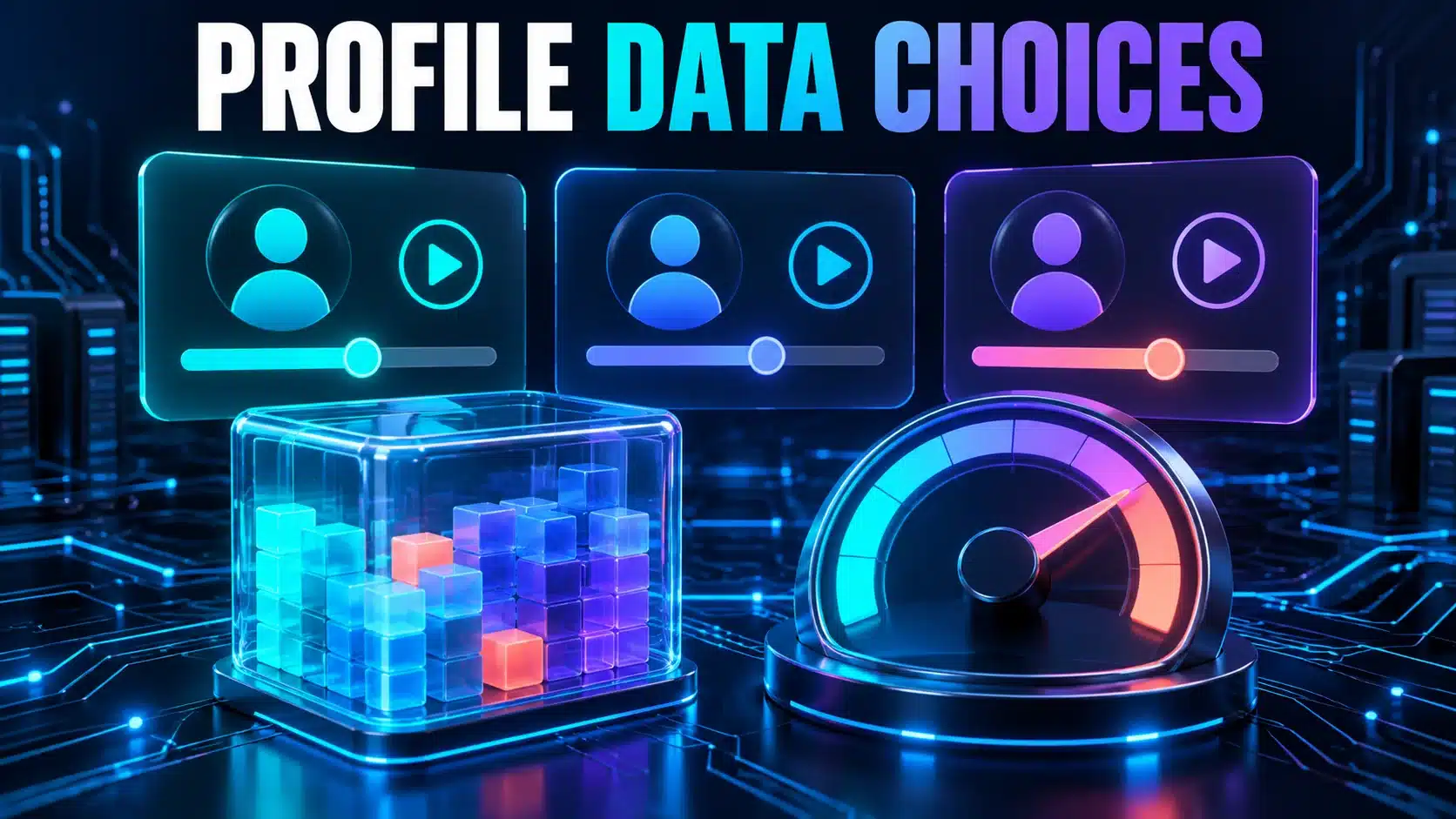 Viewer profiles with individual playback controls beside separate data-volume and connection-rate symbols.