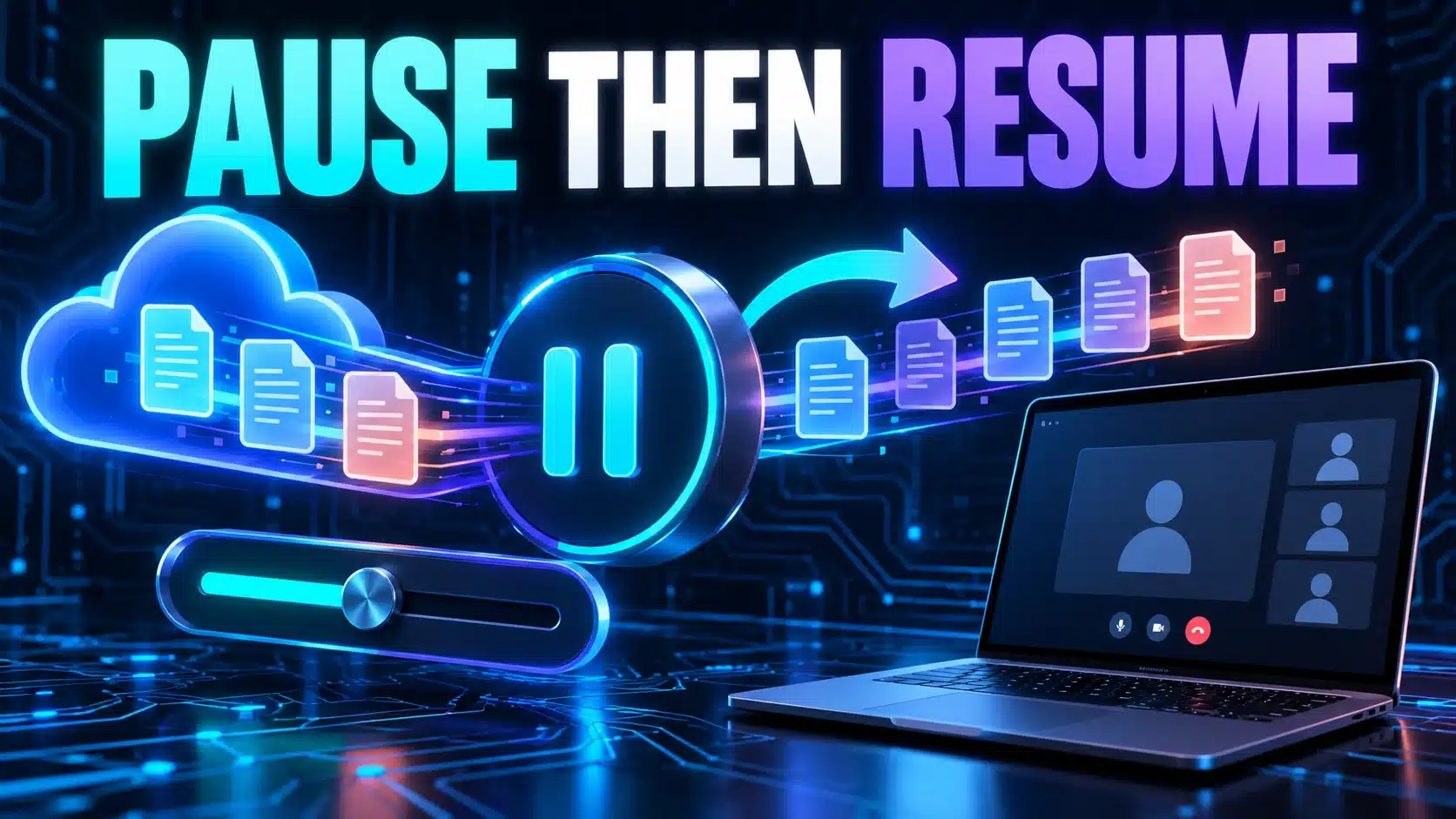 Cloud sync pause, rate control and resume symbols sit beside a laptop video meeting.