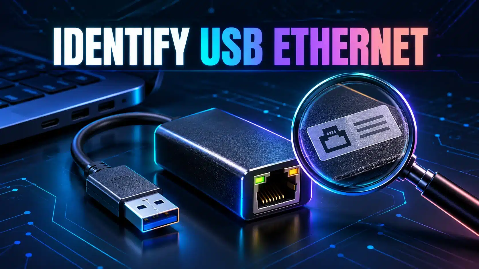USB Ethernet adapter and identification tag beside a laptop, emphasizing device identification before driver setup.