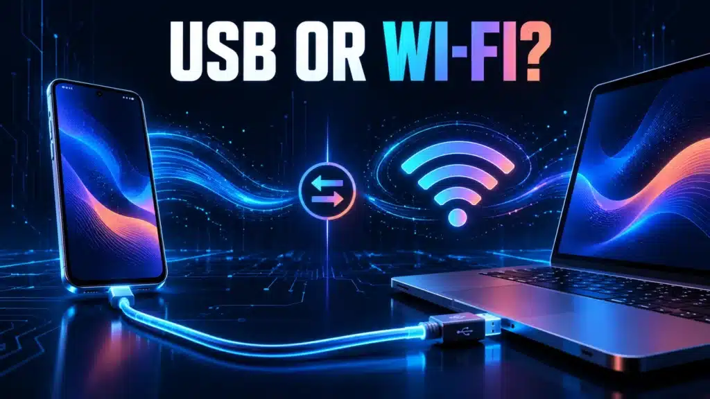 The same phone and laptop compare USB tethering with Wi-Fi hotspot sharing without choosing a winner.
