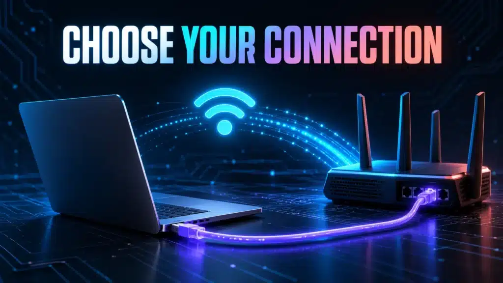 Laptop with separate Wi-Fi and Ethernet paths to a router, illustrating connection choices.