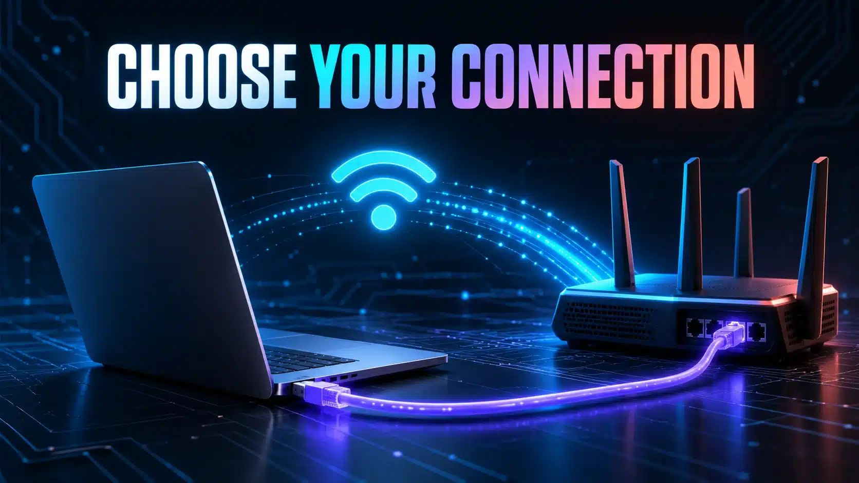 Laptop with separate Wi-Fi and Ethernet paths to a router, illustrating connection choices.