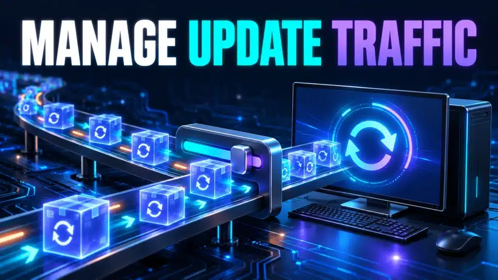 Update packages pass through a bandwidth control while the computer’s update symbol stays active.