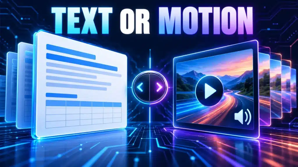A clear document and moving video tile illustrate choosing screen sharing for text or motion.