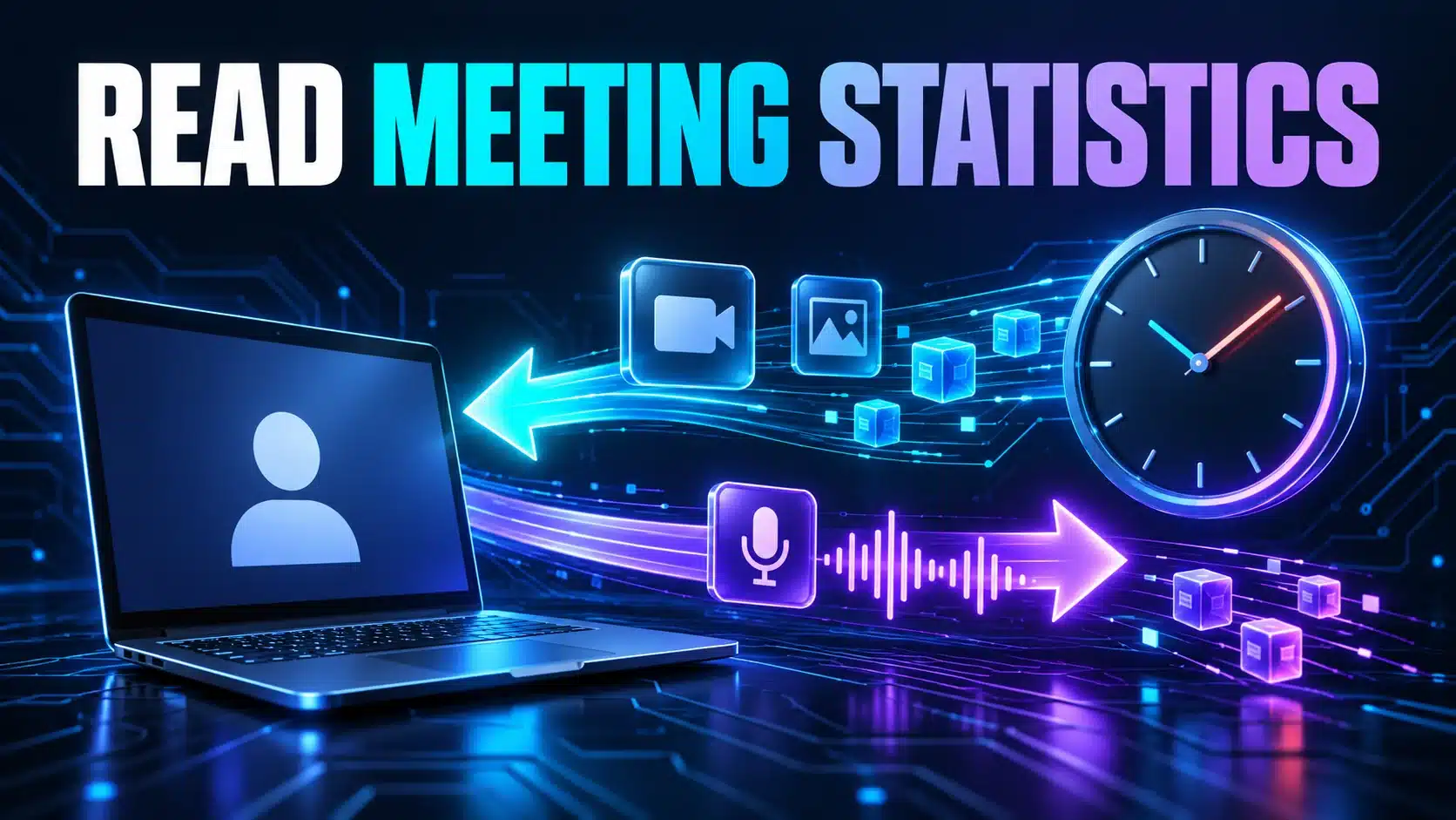 Incoming and outgoing media arrows around a meeting laptop illustrate reading session statistics.